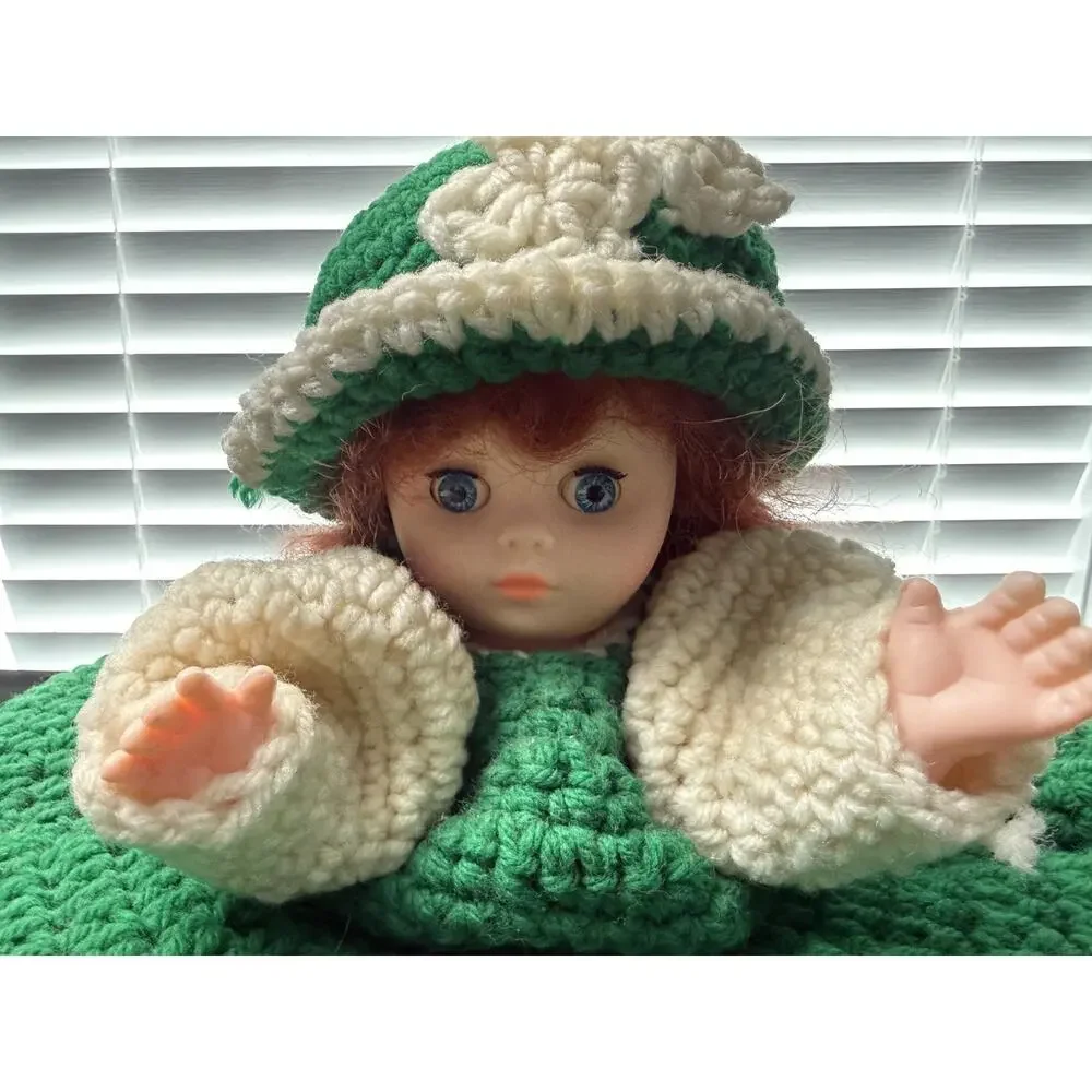 Vtg Crochet Bed Doll Green White Handmade Boudoir Pillow Doll Red Hair Kitsch